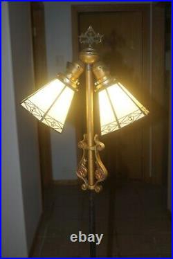 Antique 1910s 30s Art Deco ORNATE Cast Iron Floor Lamp Slag Glass Shades