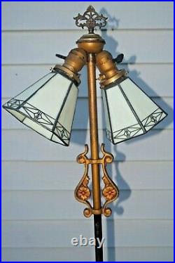 Antique 1910s 30s Art Deco ORNATE Cast Iron Floor Lamp Slag Glass Shades