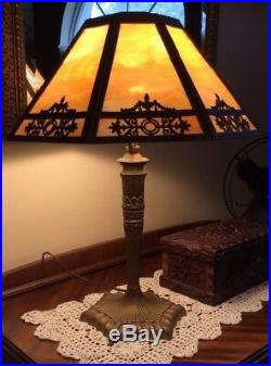 Antique (1915) Table Lamp with Carmel Slag Glass and Ornate Filagree Shade