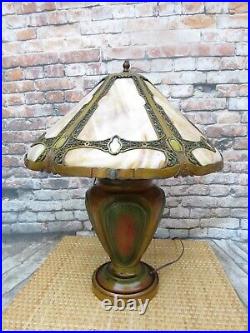 Antique 1920'S Arts & Crafts Polychrome Slag Glass Lamp Large 6 Panel Bent Glass