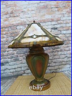 Antique 1920'S Arts & Crafts Polychrome Slag Glass Lamp Large 6 Panel Bent Glass