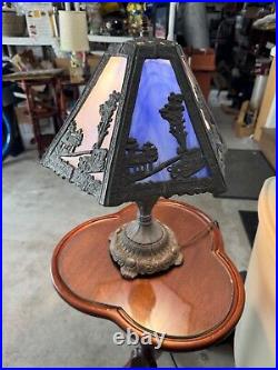 Antique 1920's Nouveau Multicolor Blue Slag Glass Table Lamp Farm Auto