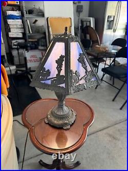 Antique 1920's Nouveau Multicolor Blue Slag Glass Table Lamp Farm Auto