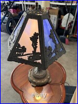 Antique 1920's Nouveau Multicolor Blue Slag Glass Table Lamp Farm Auto