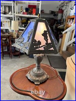 Antique 1920's Nouveau Multicolor Blue Slag Glass Table Lamp Farm Auto