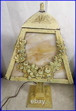 Antique 1920s30s Slag Glass Shade Metal Table Lamp Ornate Floral