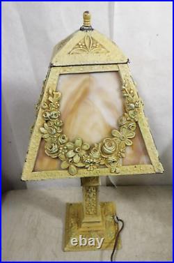 Antique 1920s30s Slag Glass Shade Metal Table Lamp Ornate Floral