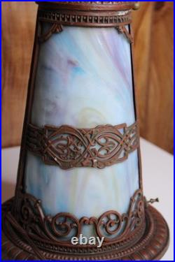 Antique 1920s-1930's Art Nouveau Slag Glass Lamp Base Multicolor Glass Filigree