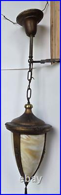 Antique 1920s Art Deco Slag Glass Pendant Light Vintage Brass Ceiling Fixture