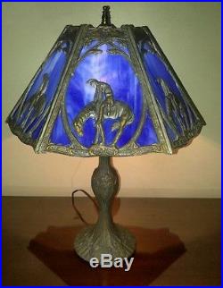 Antique 1920s Blue Slag Glass Table Lamp
