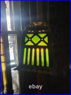 Antique 1920s Cast Iron Green Slag Glass Hanging Lamp with Original Pulley