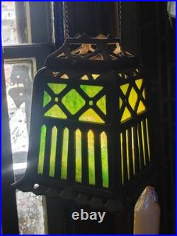 Antique 1920s Cast Iron Green Slag Glass Hanging Lamp with Original Pulley