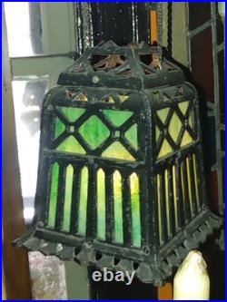 Antique 1920s Cast Iron Green Slag Glass Hanging Lamp with Original Pulley