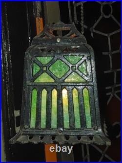 Antique 1920s Cast Iron Green Slag Glass Hanging Lamp with Original Pulley