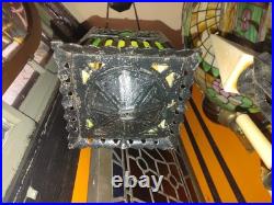 Antique 1920s Cast Iron Green Slag Glass Hanging Lamp with Original Pulley