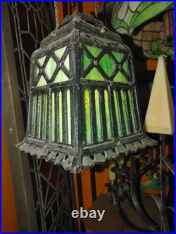 Antique 1920s Cast Iron Green Slag Glass Hanging Lamp with Original Pulley