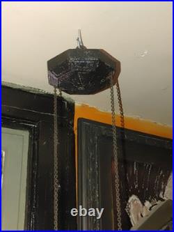 Antique 1920s Cast Iron Green Slag Glass Hanging Lamp with Original Pulley