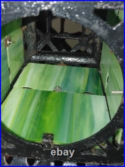 Antique 1920s Cast Iron Green Slag Glass Hanging Lamp with Original Pulley