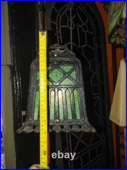 Antique 1920s Cast Iron Green Slag Glass Hanging Lamp with Original Pulley