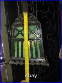 Antique 1920s Cast Iron Green Slag Glass Hanging Lamp with Original Pulley
