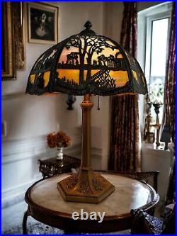 Antique 1920s Multicolor Slag Glass Table Lamp 6 Panel Scenic Art Nouveau Style