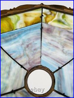 Antique 1920s Multicolor Slag Glass Table Lamp 6 Panel Scenic Art Nouveau Style