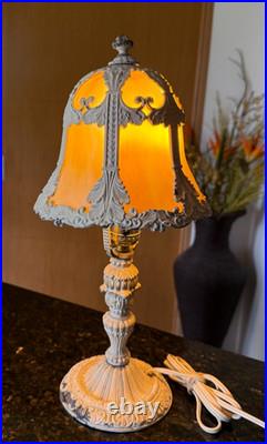 Antique 1920s Salem Bros Bell Shaped Slag Glass Boudoir Lamp 16H Ivory Metal