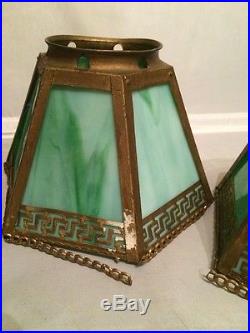 Antique 1930's Art Deco Pair Mission Arts & Crafts Style Slag Glass Lamp Shade