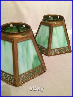 Antique 1930's Art Deco Pair Mission Arts & Crafts Style Slag Glass Lamp Shade