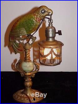 Antique 1930s Art Deco Cast Polychrome Parrot Lamp Holding Cage Slag Glass Works