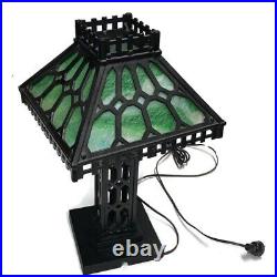 Antique 19 Green Slag Glass Cast Iron Table Lamp Mid Century MCM