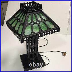 Antique 19 Green Slag Glass Cast Iron Table Lamp Mid Century MCM