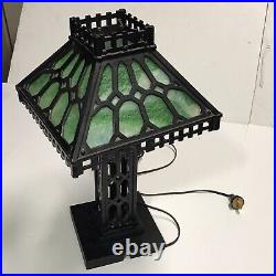 Antique 19 Green Slag Glass Cast Iron Table Lamp Mid Century MCM