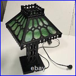 Antique 19 Green Slag Glass Cast Iron Table Lamp Mid Century MCM