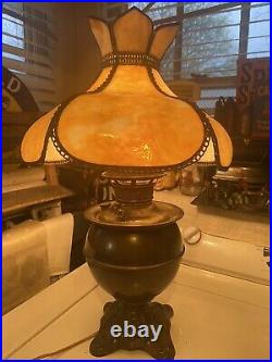 Antique 19th C. MILLER Electric Oil GWTW Table Lamp with Carmel Slag Glass Shade