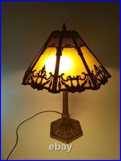 Antique 20s 30s cast iron goldtone table lamp slag glass shade 24 tall