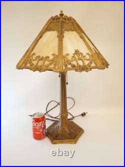 Antique 20s 30s cast iron goldtone table lamp slag glass shade 24 tall