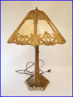 Antique 20s 30s cast iron goldtone table lamp slag glass shade 24 tall