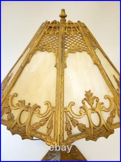 Antique 20s 30s cast iron goldtone table lamp slag glass shade 24 tall