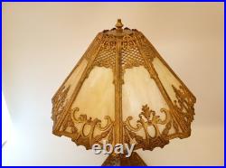 Antique 20s 30s cast iron goldtone table lamp slag glass shade 24 tall