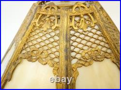 Antique 20s 30s cast iron goldtone table lamp slag glass shade 24 tall