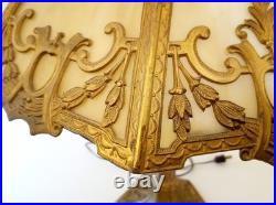 Antique 20s 30s cast iron goldtone table lamp slag glass shade 24 tall Antique 20s 30s cast iron goldtone table lamp slag glass shade 24 tall