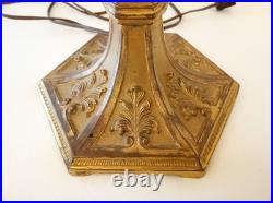 Antique 20s 30s cast iron goldtone table lamp slag glass shade 24 tall