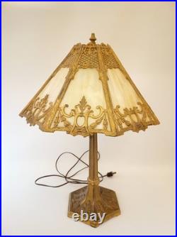 Antique 20s 30s cast iron goldtone table lamp slag glass shade 24 tall