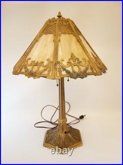 Antique 20s 30s cast iron goldtone table lamp slag glass shade 24 tall