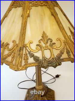 Antique 20s 30s cast iron goldtone table lamp slag glass shade 24 tall