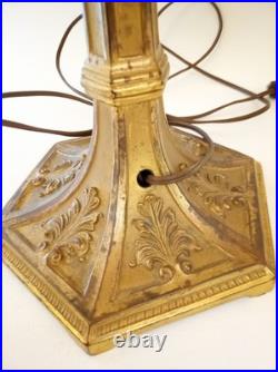 Antique 20s 30s cast iron goldtone table lamp slag glass shade 24 tall Antique 20s 30s cast iron goldtone table lamp slag glass shade 24 tall