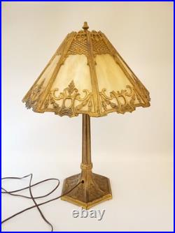 Antique 20s 30s cast iron goldtone table lamp slag glass shade 24 tall