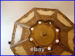 Antique 20s 30s cast iron goldtone table lamp slag glass shade 24 tall