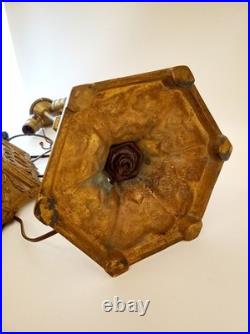 Antique 20s 30s cast iron goldtone table lamp slag glass shade 24 tall